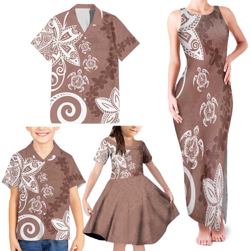 Polynesia Family Matching Tank Maxi Dress and Hawaiian Shirt Brown Tribal Turtle Floral Pattern