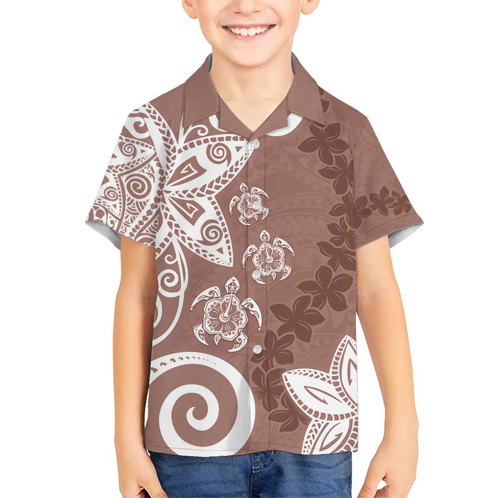Polynesia Kid Hawaiian Shirt Brown Tribal Turtle Floral Pattern