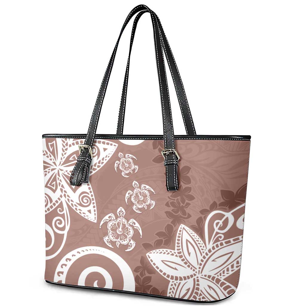 Polynesia Leather Tote Bag Brown Tribal Turtle Floral Pattern