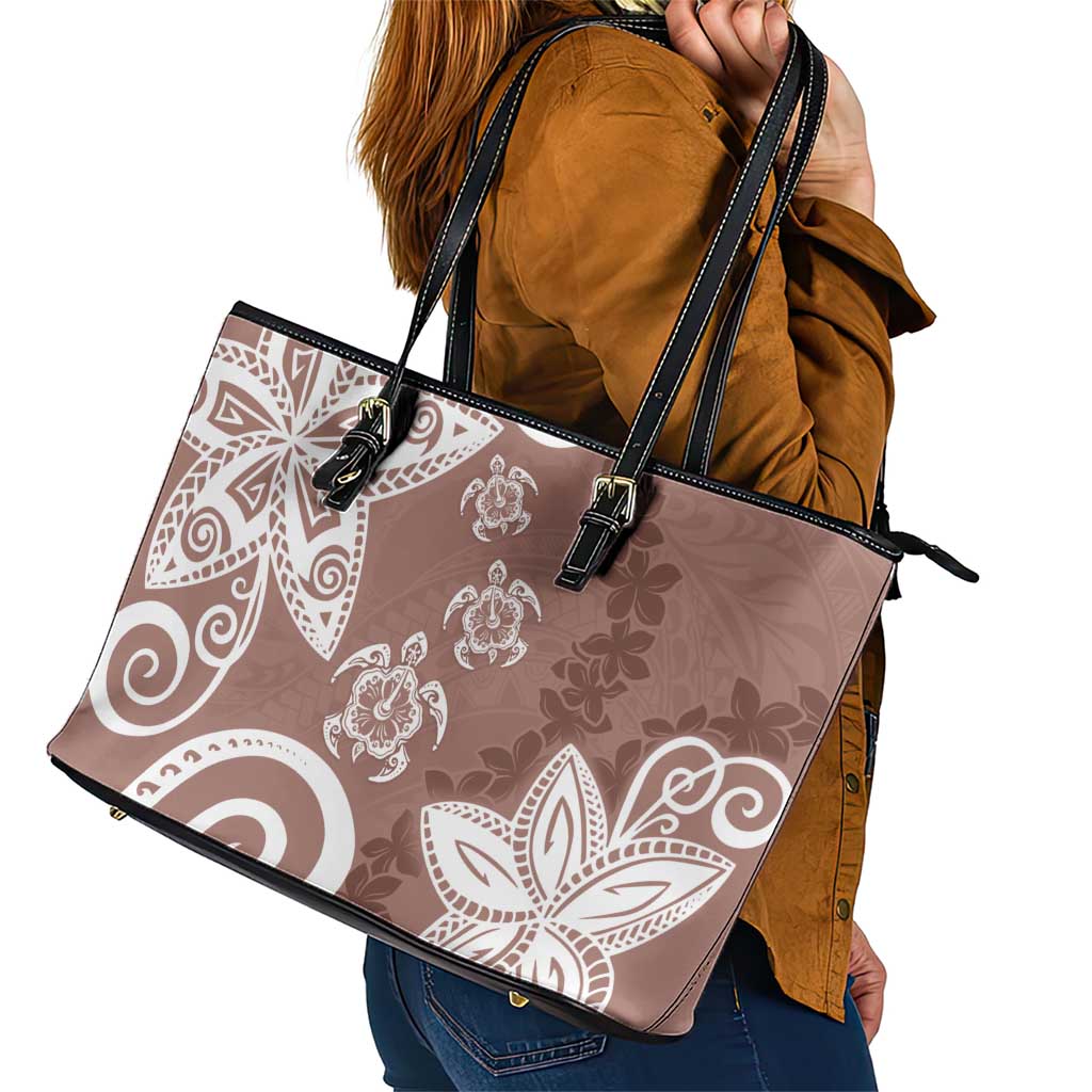 Polynesia Leather Tote Bag Brown Tribal Turtle Floral Pattern