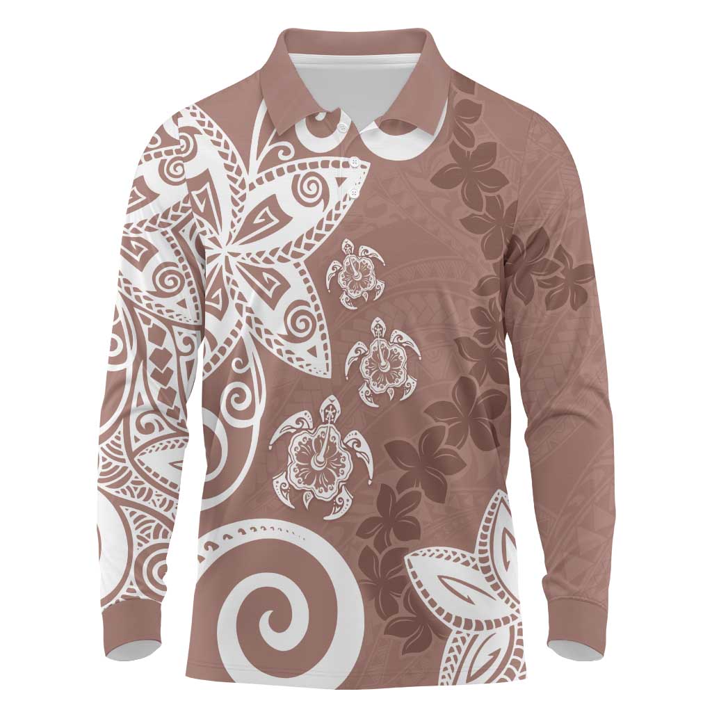Polynesia Long Sleeve Polo Shirt Brown Tribal Turtle Floral Pattern LT05 Brown - Polynesian Pride