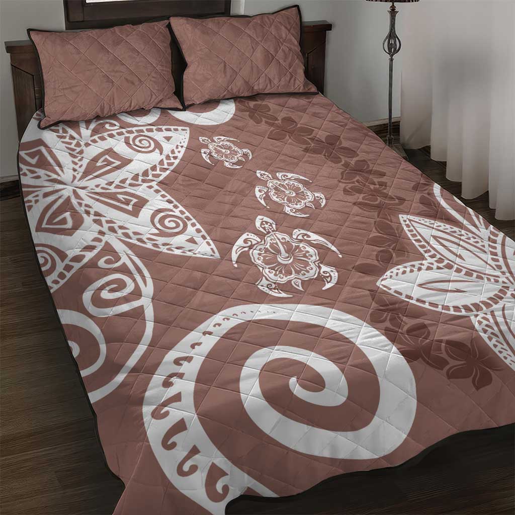 Polynesia Quilt Bed Set Brown Tribal Turtle Floral Pattern