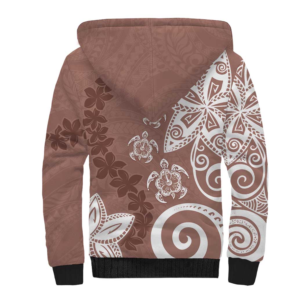Polynesia Sherpa Hoodie Brown Tribal Turtle Floral Pattern