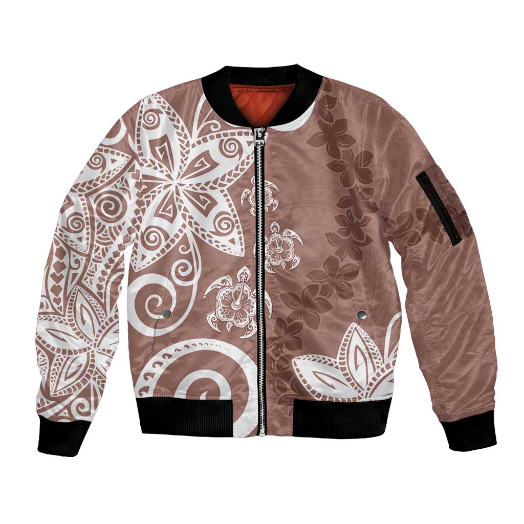 Polynesia Sleeve Zip Bomber Jacket Brown Tribal Turtle Floral Pattern LT05 Unisex Brown - Polynesian Pride