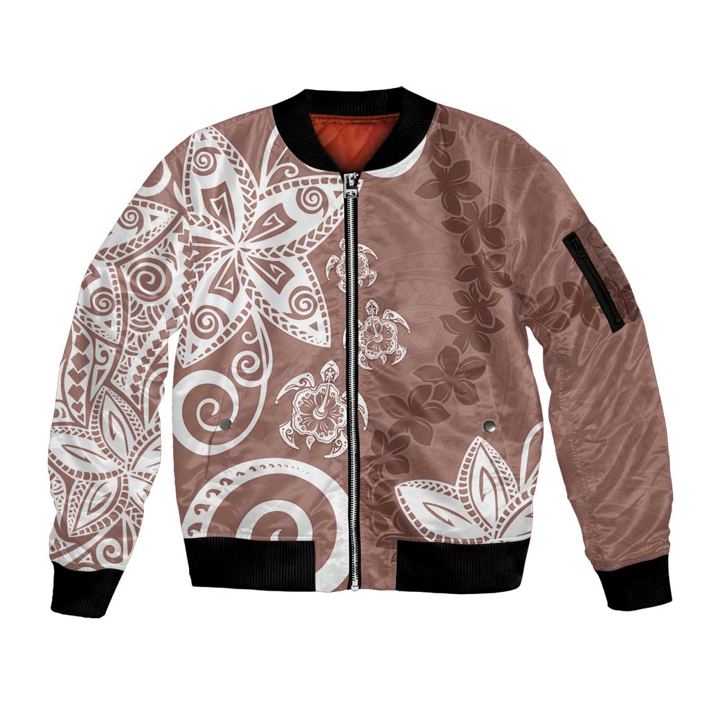 Polynesia Sleeve Zip Bomber Jacket Brown Tribal Turtle Floral Pattern