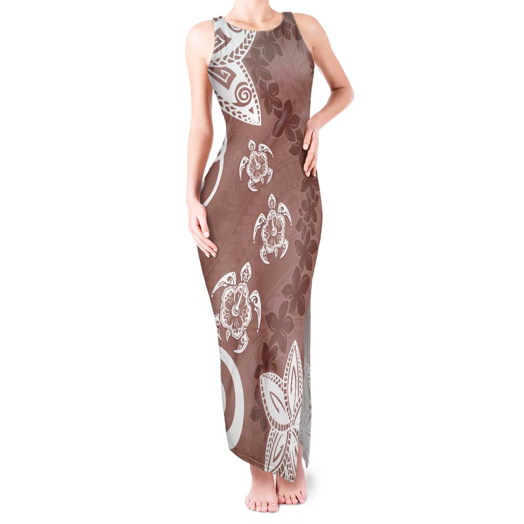 Polynesia Tank Maxi Dress Brown Tribal Turtle Floral Pattern