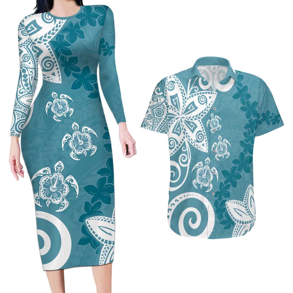 Polynesia Couples Matching Long Sleeve Bodycon Dress and Hawaiian Shirt Hippie Blue Tribal Turtle Floral Pattern