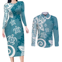 Polynesia Couples Matching Long Sleeve Bodycon Dress and Long Sleeve Button Shirt Hippie Blue Tribal Turtle Floral Pattern