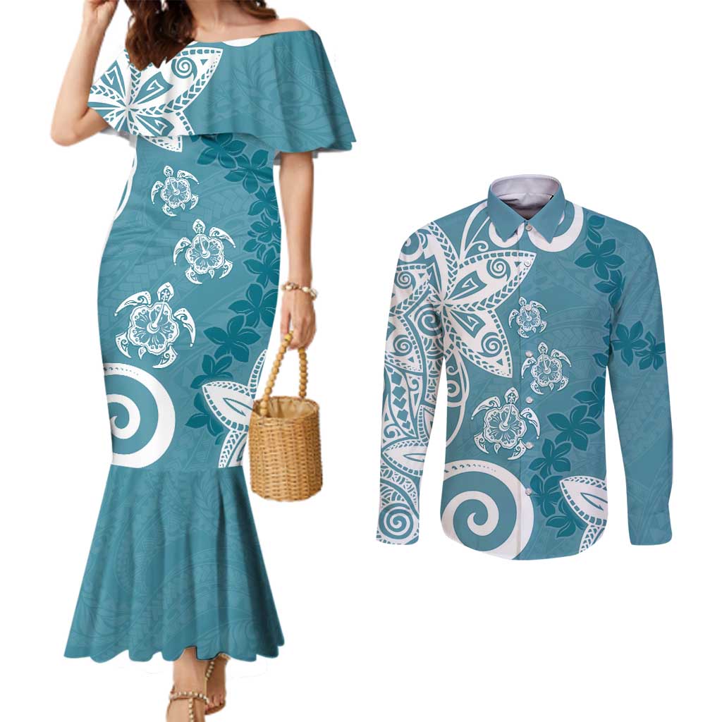 Polynesia Couples Matching Mermaid Dress and Long Sleeve Button Shirt Hippie Blue Tribal Turtle Floral Pattern