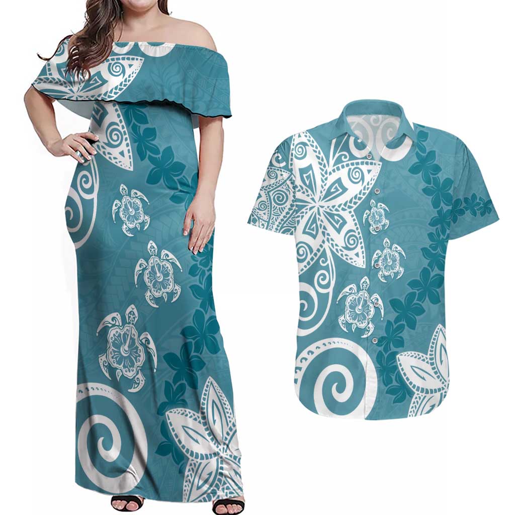 Polynesia Couples Matching Off Shoulder Maxi Dress and Hawaiian Shirt Hippie Blue Tribal Turtle Floral Pattern