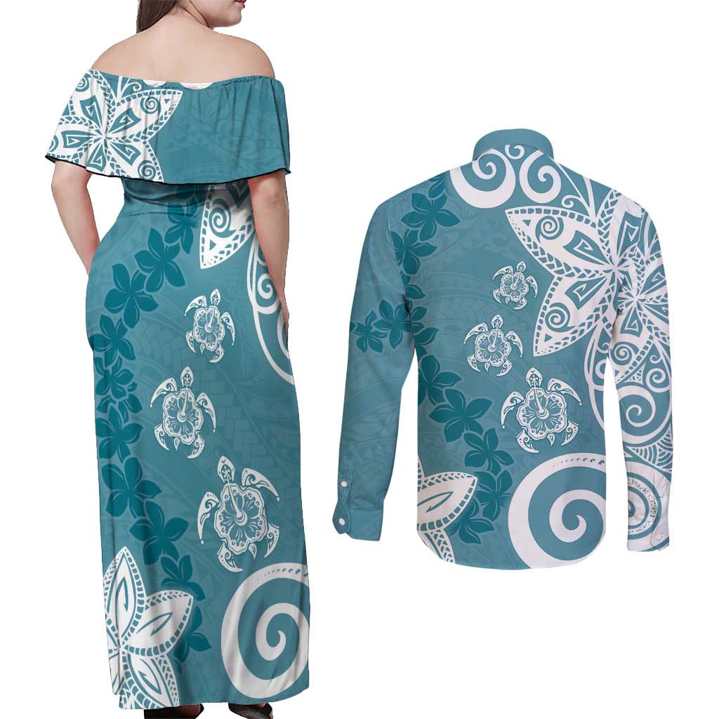 Polynesia Couples Matching Off Shoulder Maxi Dress and Long Sleeve Button Shirt Hippie Blue Tribal Turtle Floral Pattern