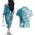 Polynesia Couples Matching Off The Shoulder Long Sleeve Dress and Hawaiian Shirt Hippie Blue Tribal Turtle Floral Pattern