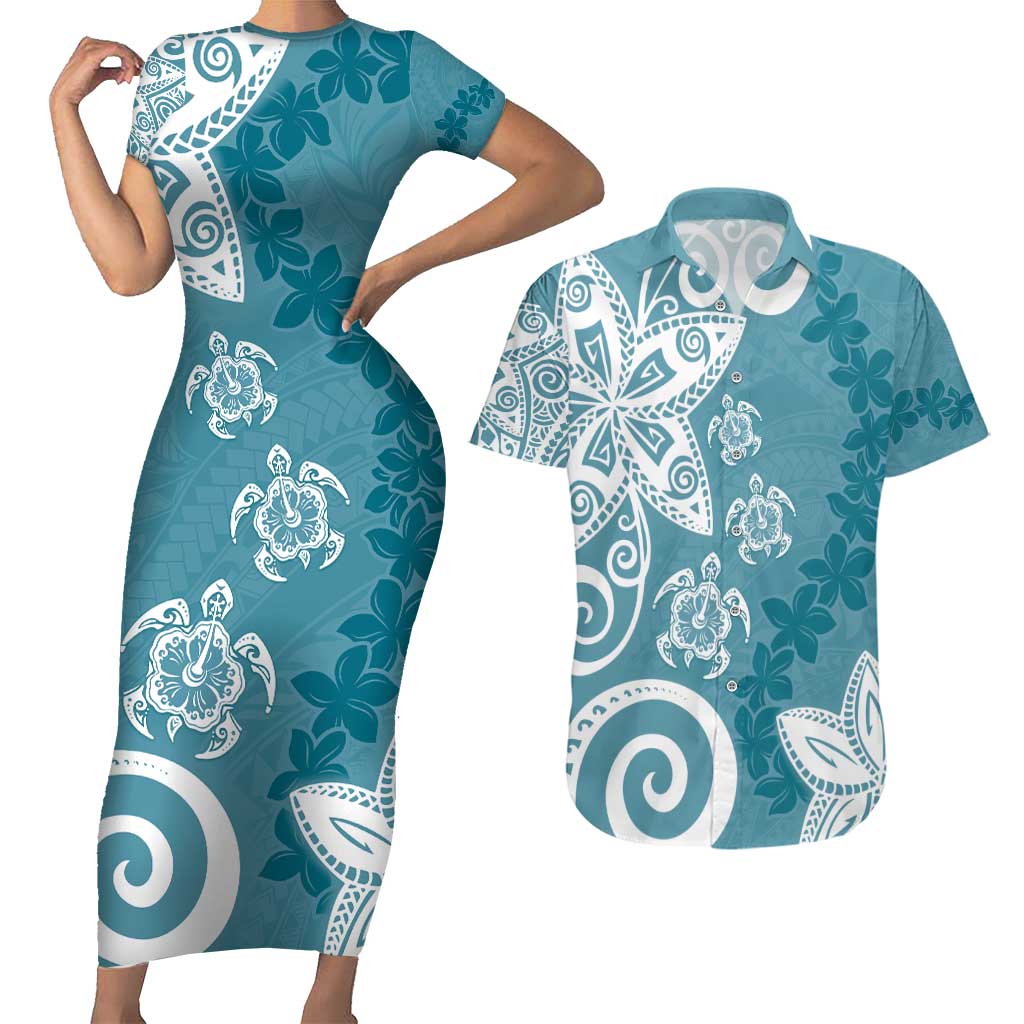 Polynesia Couples Matching Short Sleeve Bodycon Dress and Hawaiian Shirt Hippie Blue Tribal Turtle Floral Pattern