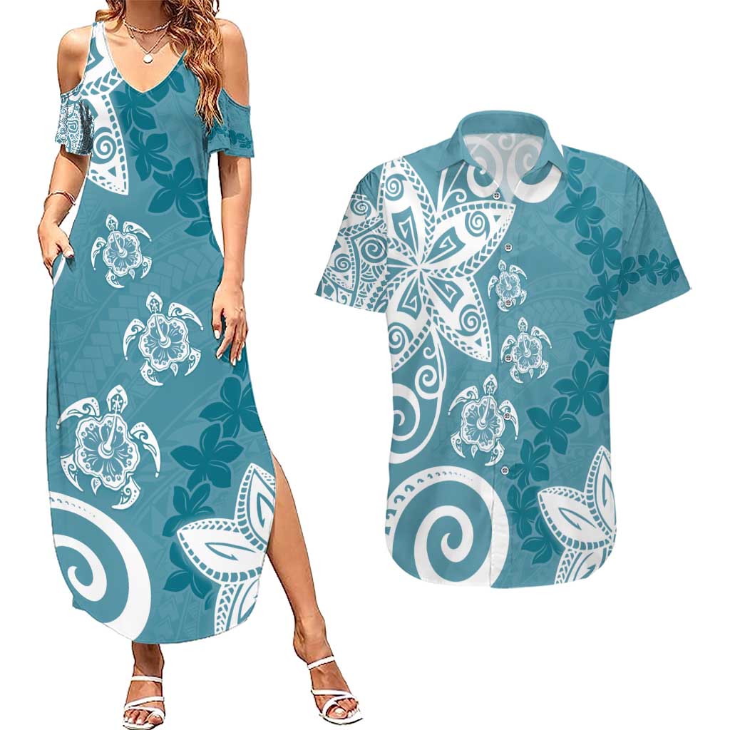 Polynesia Couples Matching Summer Maxi Dress and Hawaiian Shirt Hippie Blue Tribal Turtle Floral Pattern