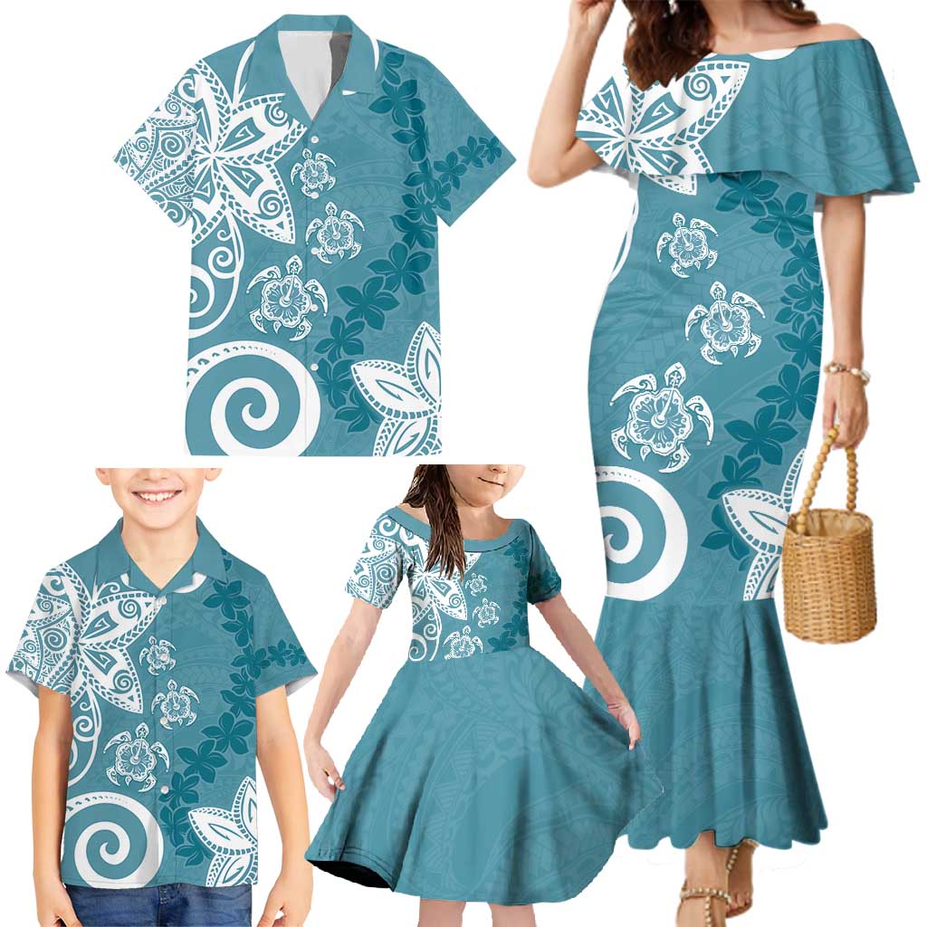Polynesia Family Matching Mermaid Dress and Hawaiian Shirt Hippie Blue Tribal Turtle Floral Pattern LT05 - Polynesian Pride