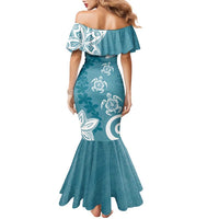 Polynesia Family Matching Mermaid Dress and Hawaiian Shirt Hippie Blue Tribal Turtle Floral Pattern