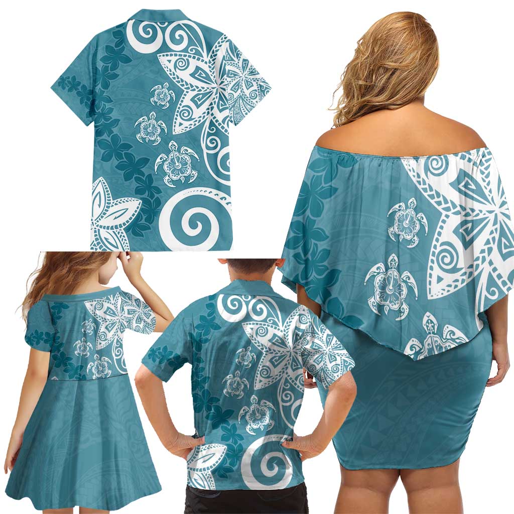 Polynesia Family Matching Off Shoulder Short Dress and Hawaiian Shirt Hippie Blue Tribal Turtle Floral Pattern