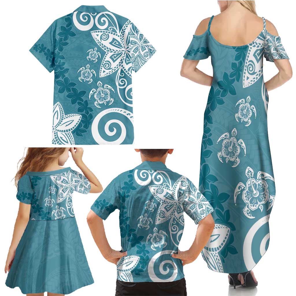 Polynesia Family Matching Summer Maxi Dress and Hawaiian Shirt Hippie Blue Tribal Turtle Floral Pattern