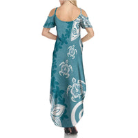 Polynesia Family Matching Summer Maxi Dress and Hawaiian Shirt Hippie Blue Tribal Turtle Floral Pattern