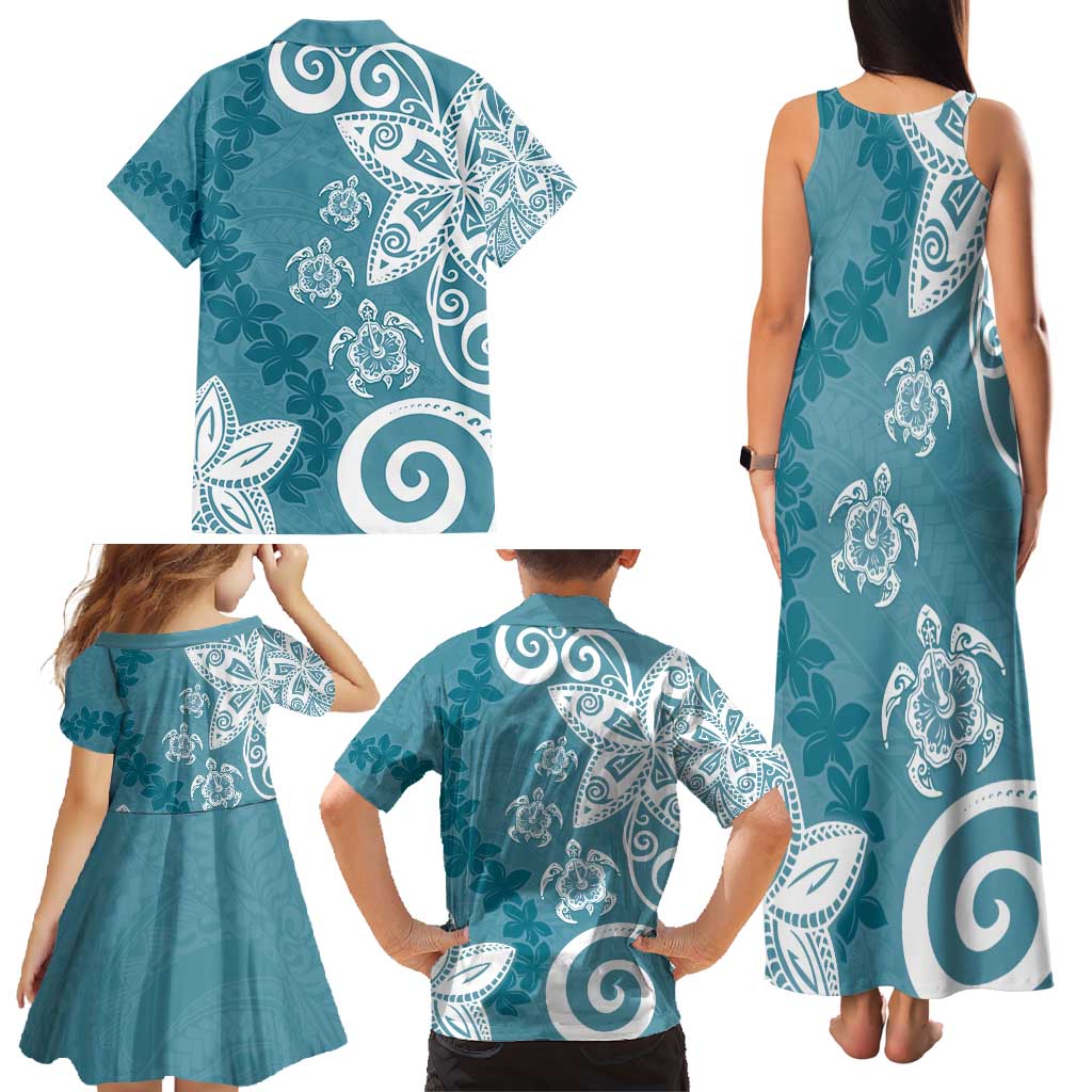 Polynesia Family Matching Tank Maxi Dress and Hawaiian Shirt Hippie Blue Tribal Turtle Floral Pattern