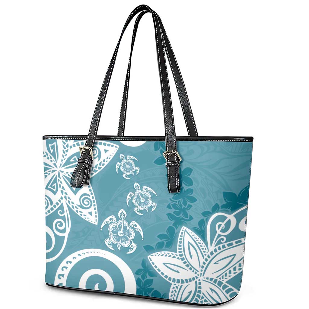 Polynesia Leather Tote Bag Hippie Blue Tribal Turtle Floral Pattern