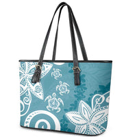 Polynesia Leather Tote Bag Hippie Blue Tribal Turtle Floral Pattern