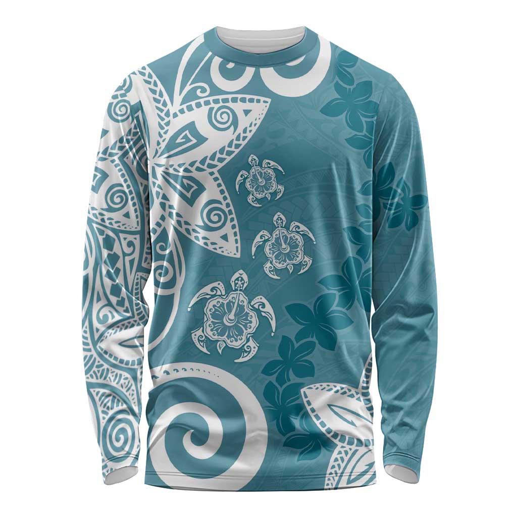 Polynesia Long Sleeve Shirt Hippie Blue Tribal Turtle Floral Pattern