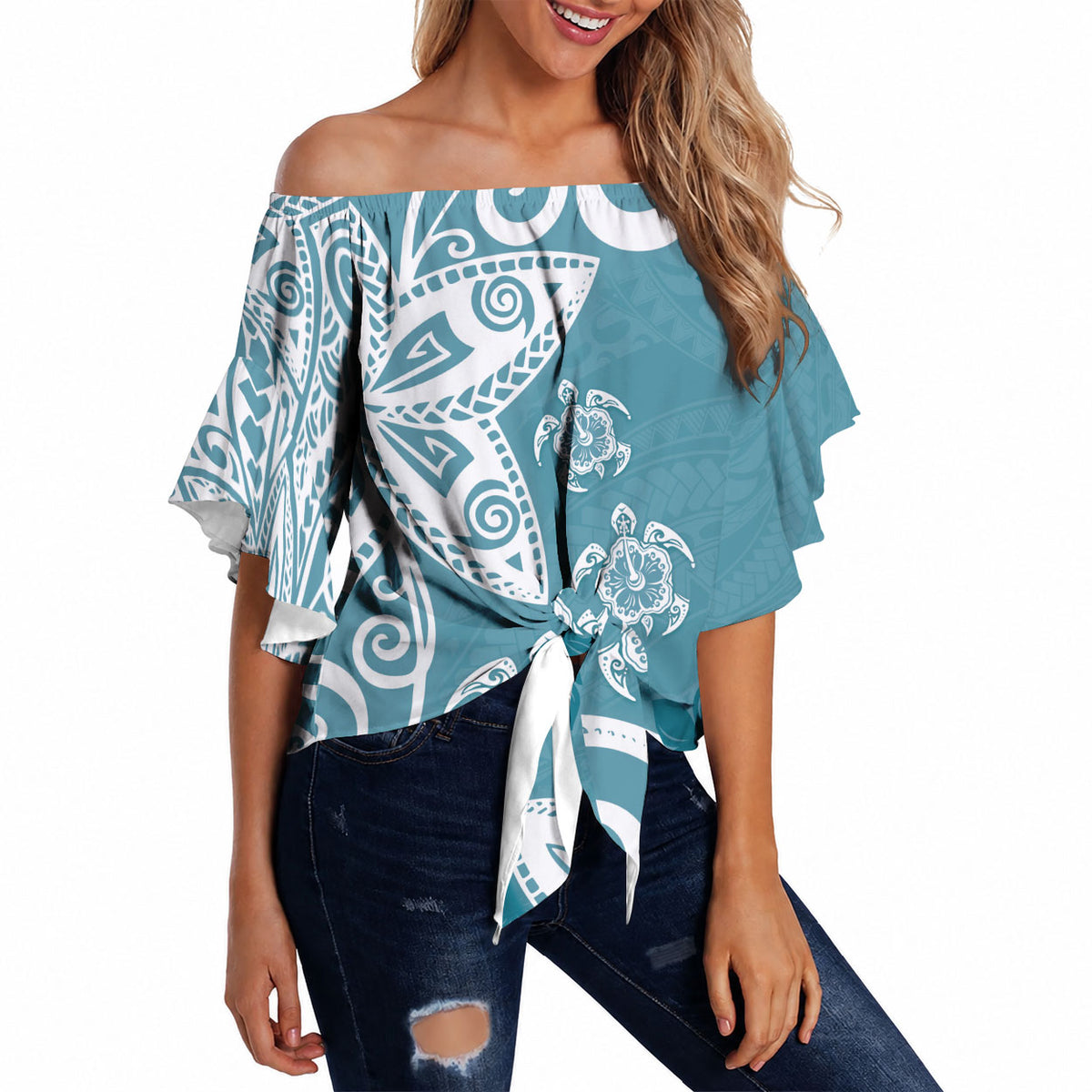 Polynesia Off Shoulder Wrap Waist Top Hippie Blue Tribal Turtle Floral Pattern LT05 - Polynesian Pride