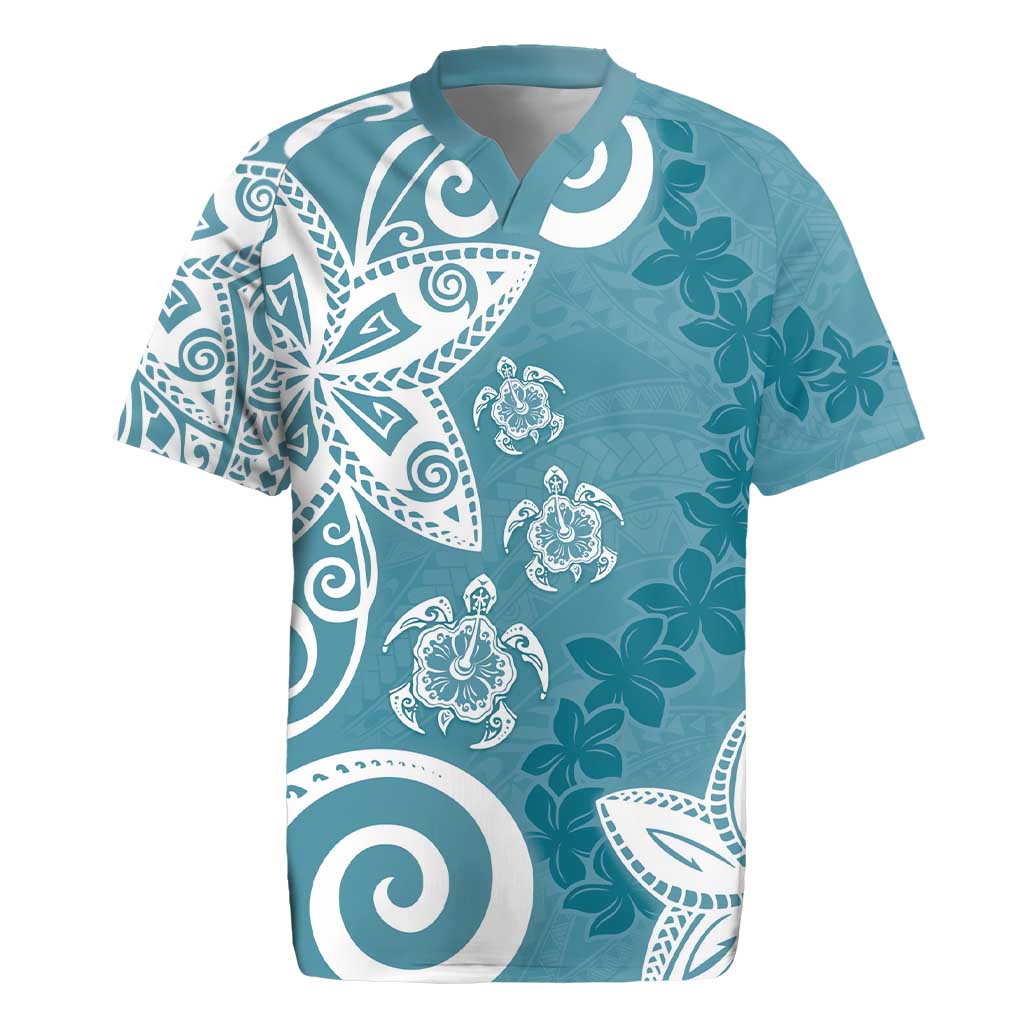 Polynesia Rugby Jersey Hippie Blue Tribal Turtle Floral Pattern
