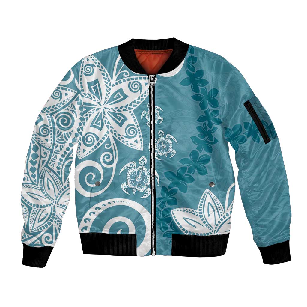 Polynesia Sleeve Zip Bomber Jacket Hippie Blue Tribal Turtle Floral Pattern