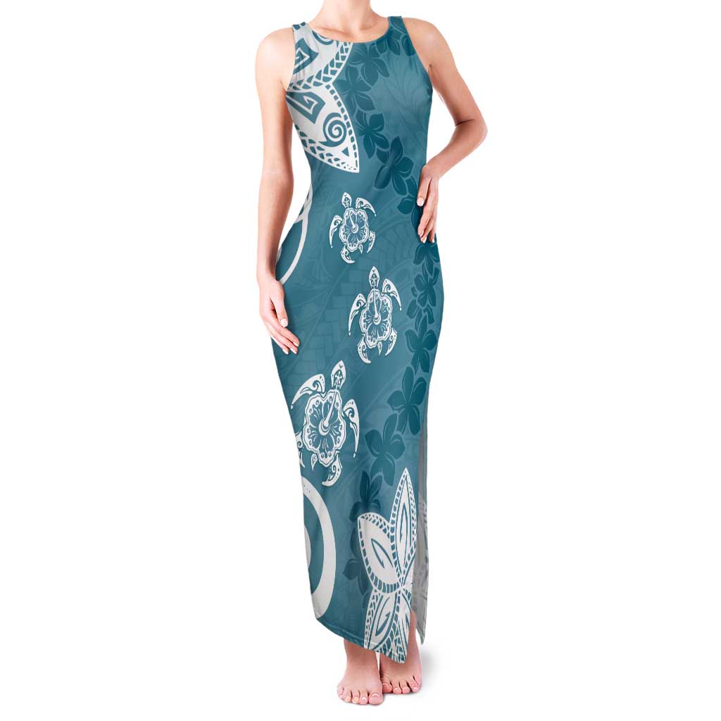 Polynesia Tank Maxi Dress Hippie Blue Tribal Turtle Floral Pattern