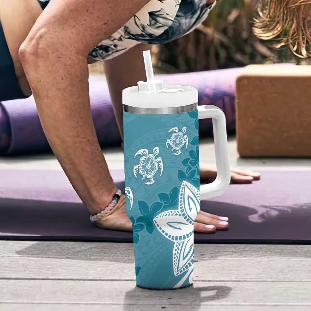 Polynesia Tumbler With Handle Hippie Blue Tribal Turtle Floral Pattern