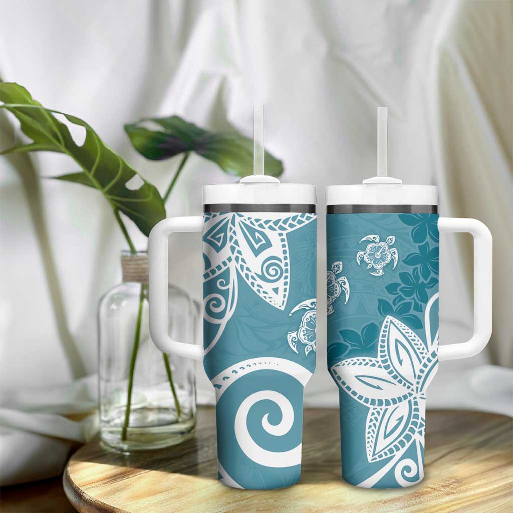 Polynesia Tumbler With Handle Hippie Blue Tribal Turtle Floral Pattern