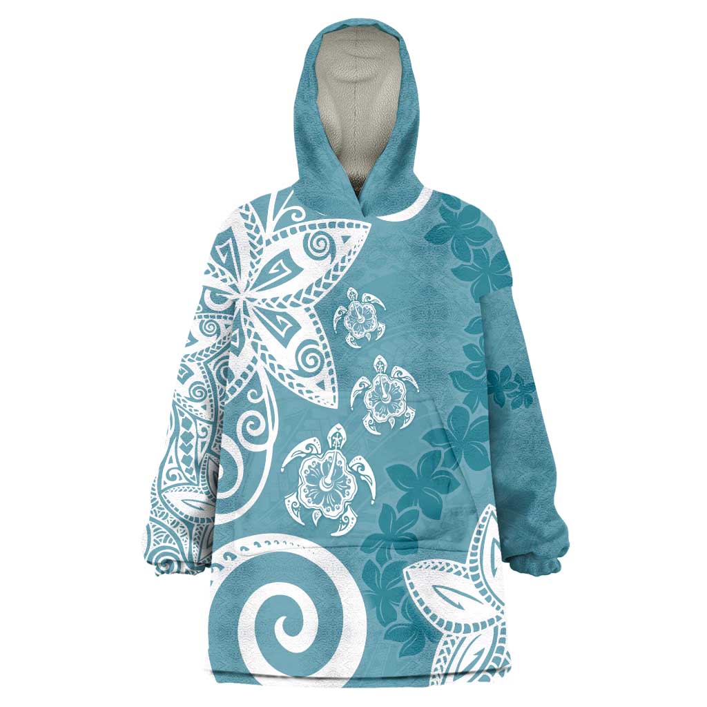 Polynesia Wearable Blanket Hoodie Hippie Blue Tribal Turtle Floral Pattern