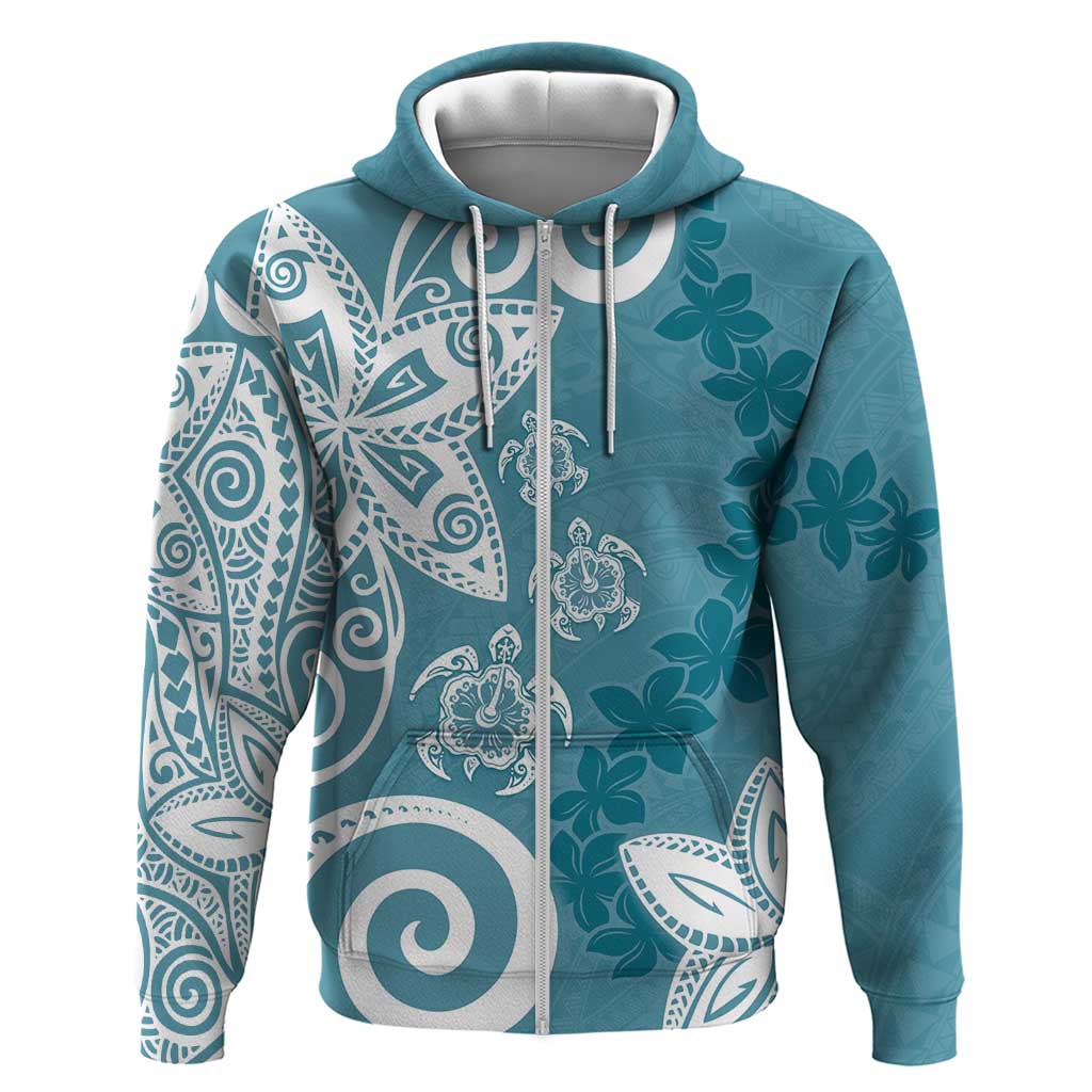Polynesia Zip Hoodie Hippie Blue Tribal Turtle Floral Pattern LT05 Zip Hoodie Blue - Polynesian Pride