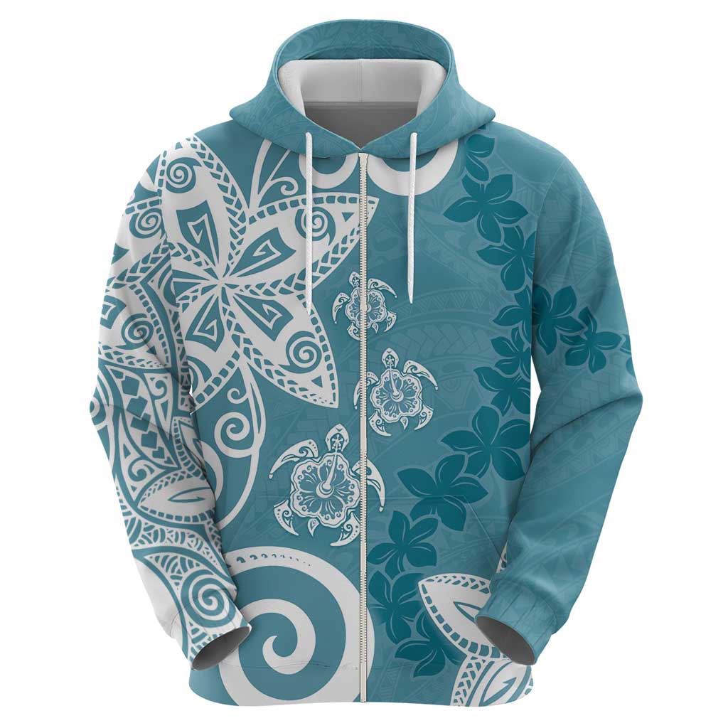 Polynesia Zip Hoodie Hippie Blue Tribal Turtle Floral Pattern