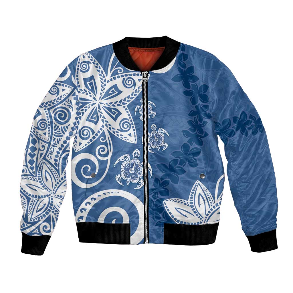 Polynesia Bomber Jacket Blue Tribal Turtle Floral Pattern