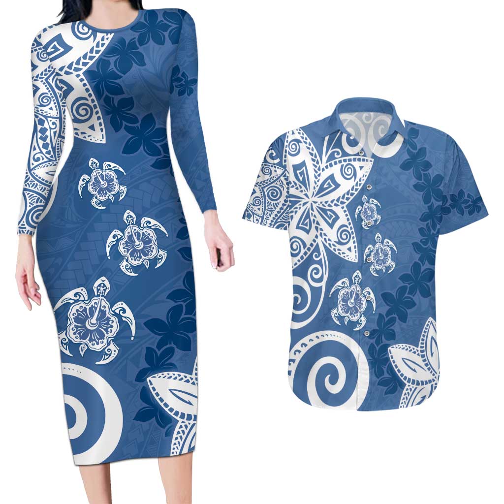 Polynesia Couples Matching Long Sleeve Bodycon Dress and Hawaiian Shirt Blue Tribal Turtle Floral Pattern