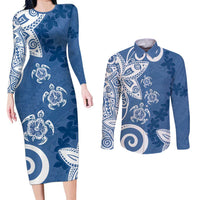 Polynesia Couples Matching Long Sleeve Bodycon Dress and Long Sleeve Button Shirt Blue Tribal Turtle Floral Pattern