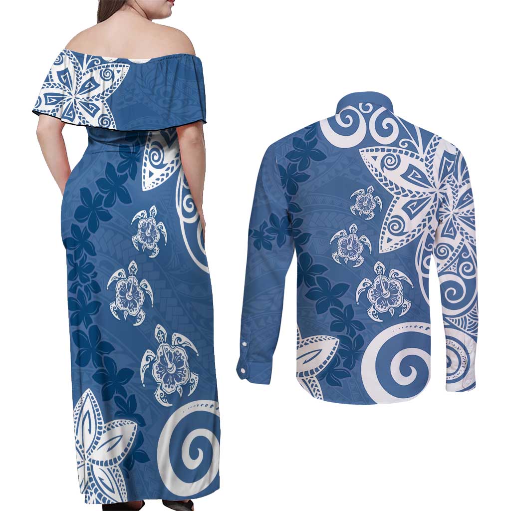 Polynesia Couples Matching Off Shoulder Maxi Dress and Long Sleeve Button Shirt Blue Tribal Turtle Floral Pattern