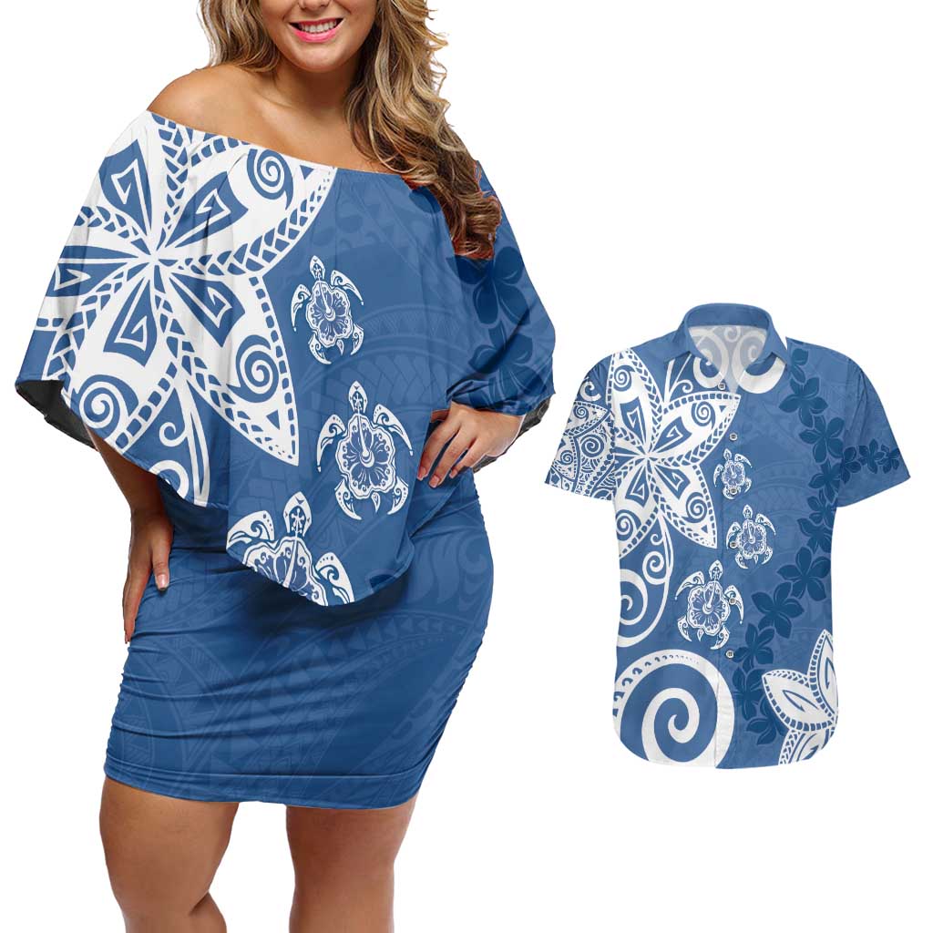 Polynesia Couples Matching Off Shoulder Short Dress and Hawaiian Shirt Blue Tribal Turtle Floral Pattern
