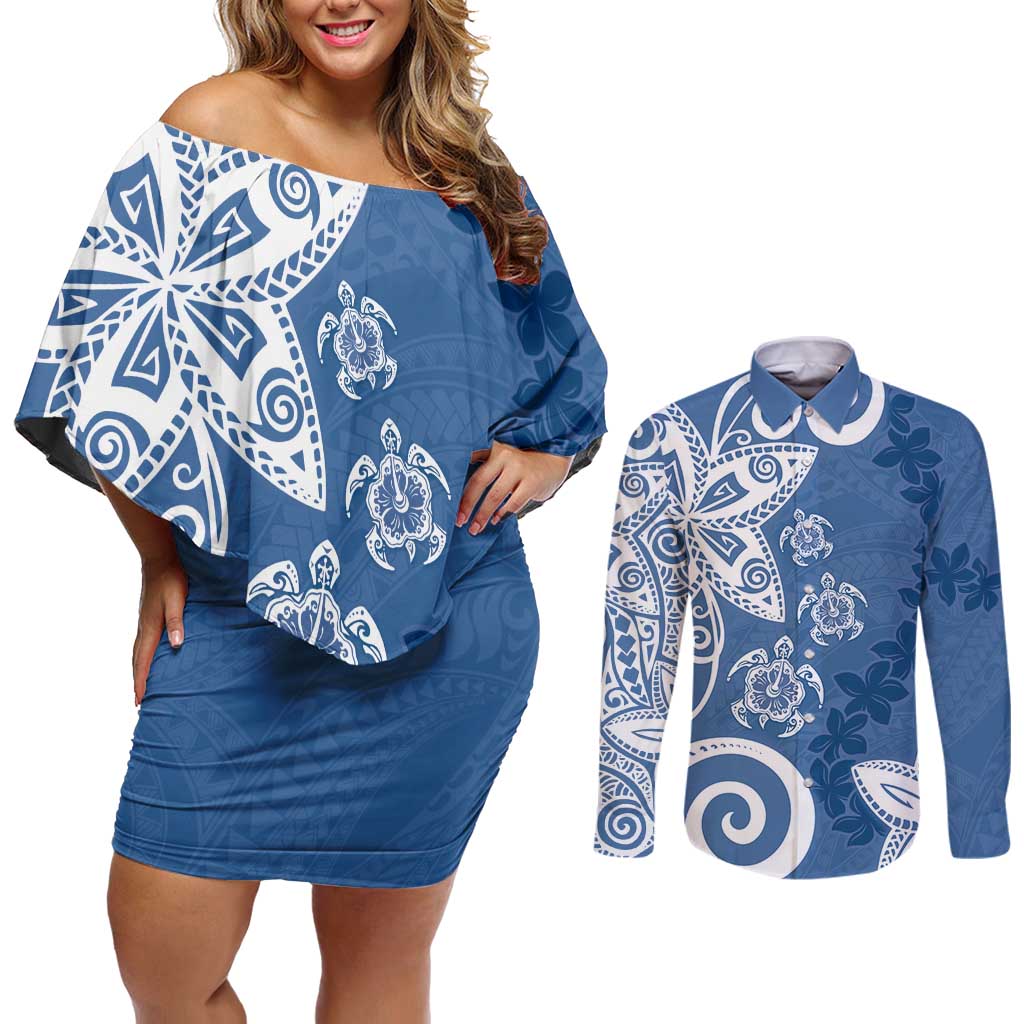 Polynesia Couples Matching Off Shoulder Short Dress and Long Sleeve Button Shirt Blue Tribal Turtle Floral Pattern