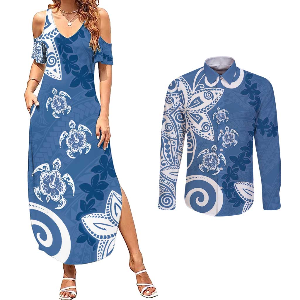 Polynesia Couples Matching Summer Maxi Dress and Long Sleeve Button Shirt Blue Tribal Turtle Floral Pattern
