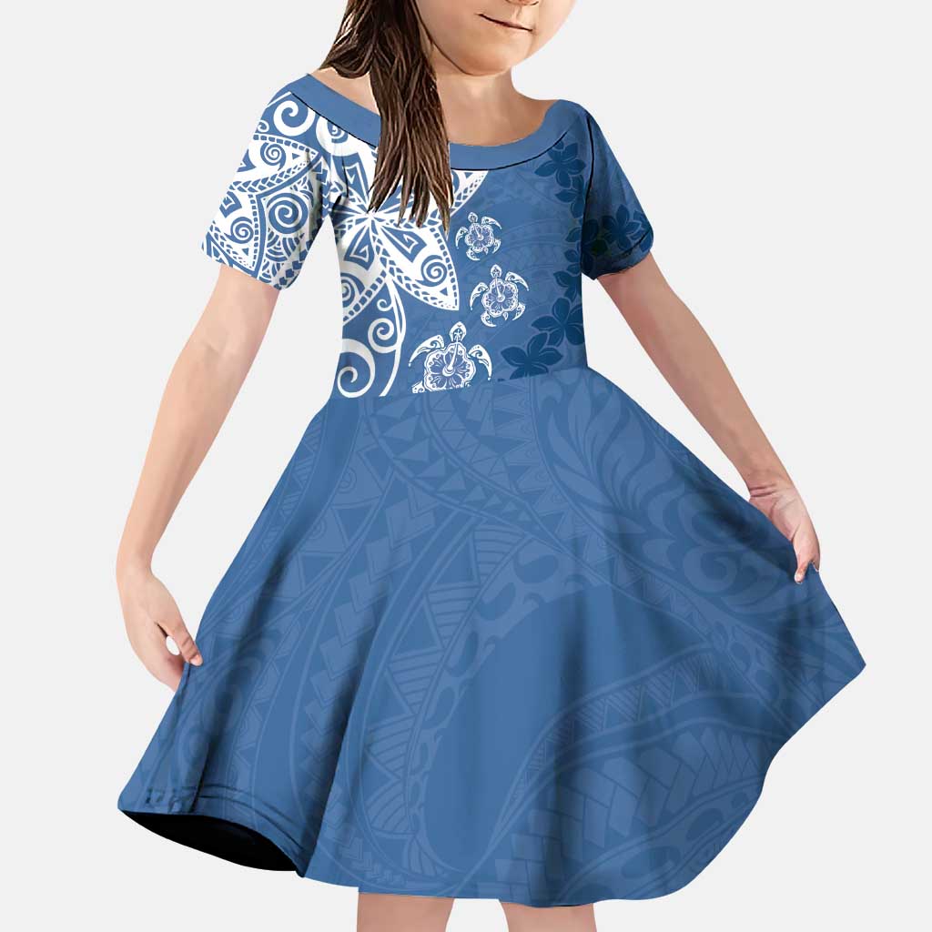 Polynesia Family Matching Puletasi and Hawaiian Shirt Blue Tribal Turtle Floral Pattern LT05 Daughter's Dress Blue - Polynesian Pride