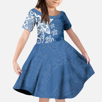 Polynesia Family Matching Puletasi and Hawaiian Shirt Blue Tribal Turtle Floral Pattern LT05 Daughter's Dress Blue - Polynesian Pride