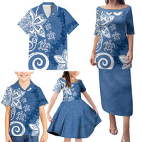 Polynesia Family Matching Puletasi and Hawaiian Shirt Blue Tribal Turtle Floral Pattern LT05 - Polynesian Pride