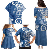 Polynesia Family Matching Puletasi and Hawaiian Shirt Blue Tribal Turtle Floral Pattern LT05 - Polynesian Pride