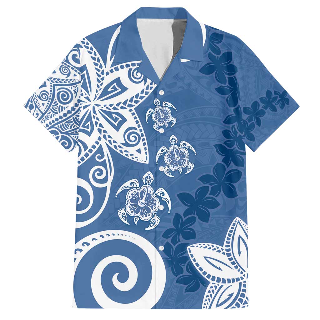 Polynesia Family Matching Puletasi and Hawaiian Shirt Blue Tribal Turtle Floral Pattern LT05 Dad's Shirt - Short Sleeve Blue - Polynesian Pride