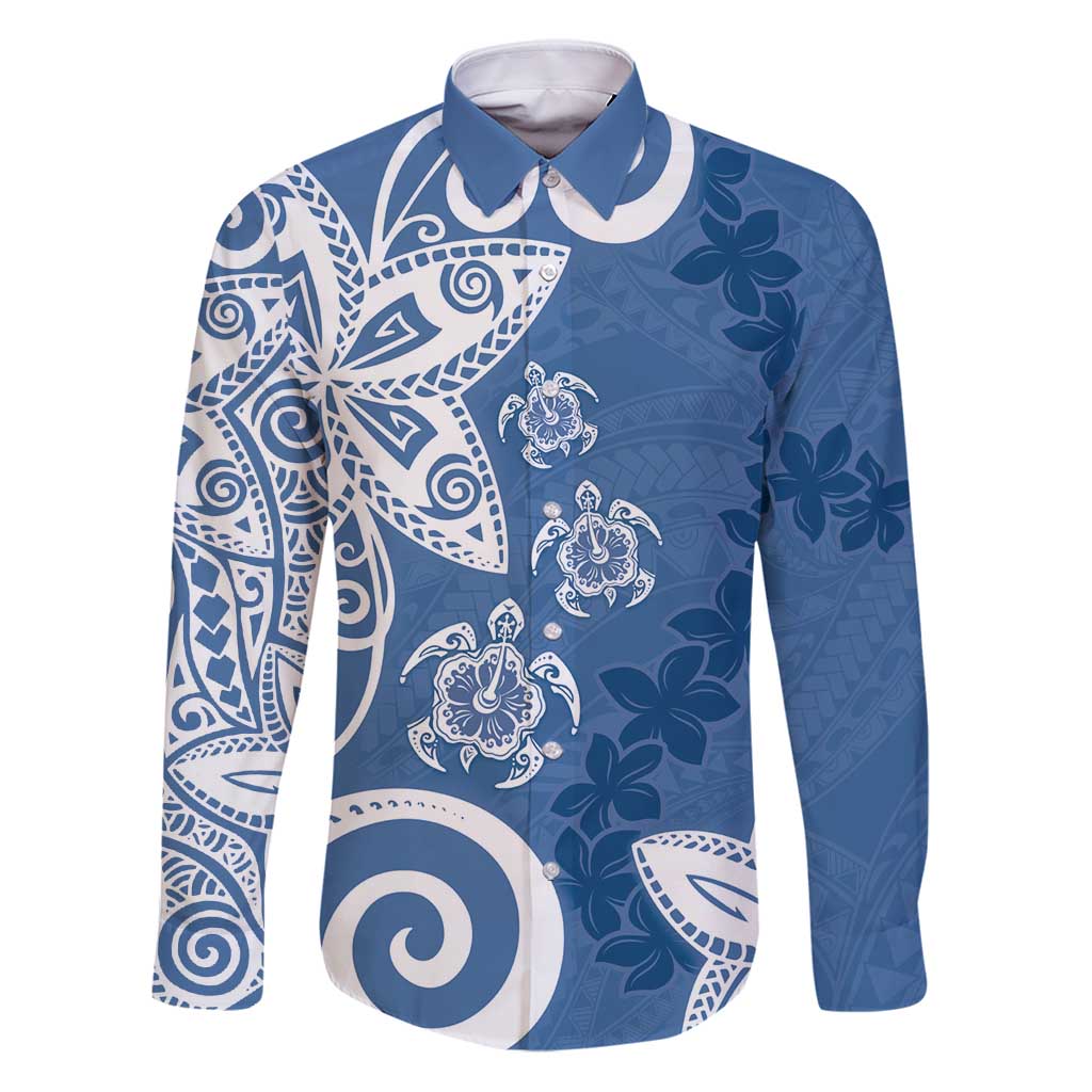 Polynesia Family Matching Puletasi and Hawaiian Shirt Blue Tribal Turtle Floral Pattern LT05 Dad's Shirt - Long Sleeve Blue - Polynesian Pride
