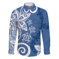 Polynesia Family Matching Puletasi and Hawaiian Shirt Blue Tribal Turtle Floral Pattern LT05 Dad's Shirt - Long Sleeve Blue - Polynesian Pride